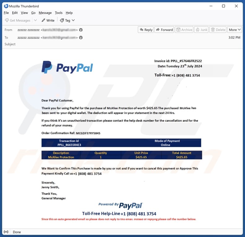 PayPal Order Confirmation spam e-mailcampagne