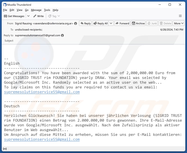 Sigrid Trust Rim Foundation spam e-mailcampagne