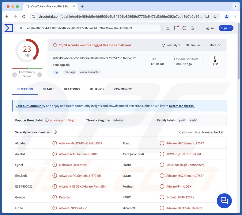 Dem.app adware-detecties op VirusTotal