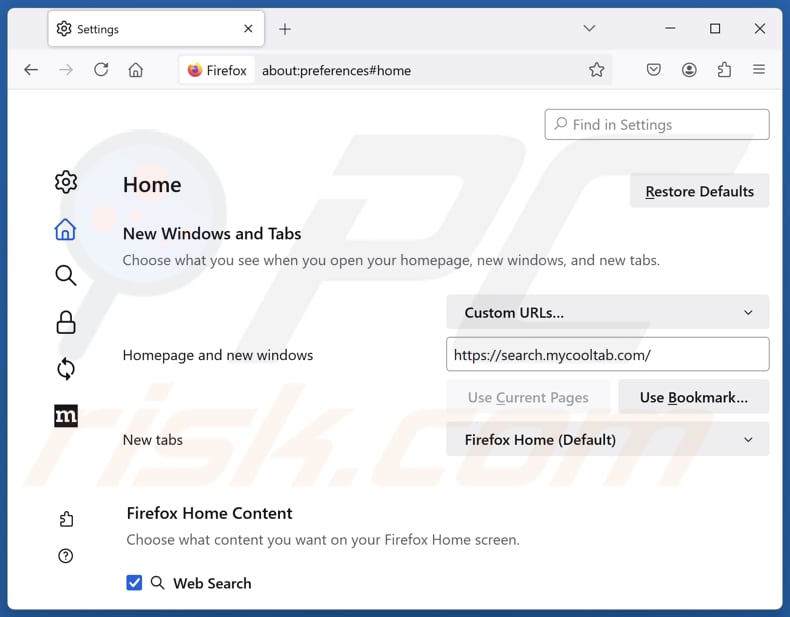 Search.mycooltab.com uit de startpagina van Mozilla Firefox verwijderen