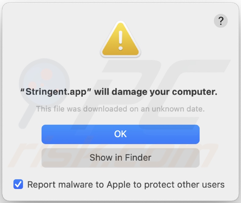 Pop-up weergegeven wanneer Stringent.app adware is gedetecteerd op het systeem
