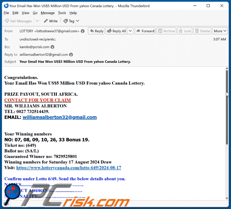 Yahoo Canada Lottery Oplichterij e-mail verschijning (GIF)