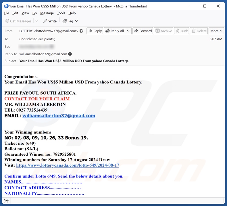 Yahoo Canada Lottery spam e-mailcampagne