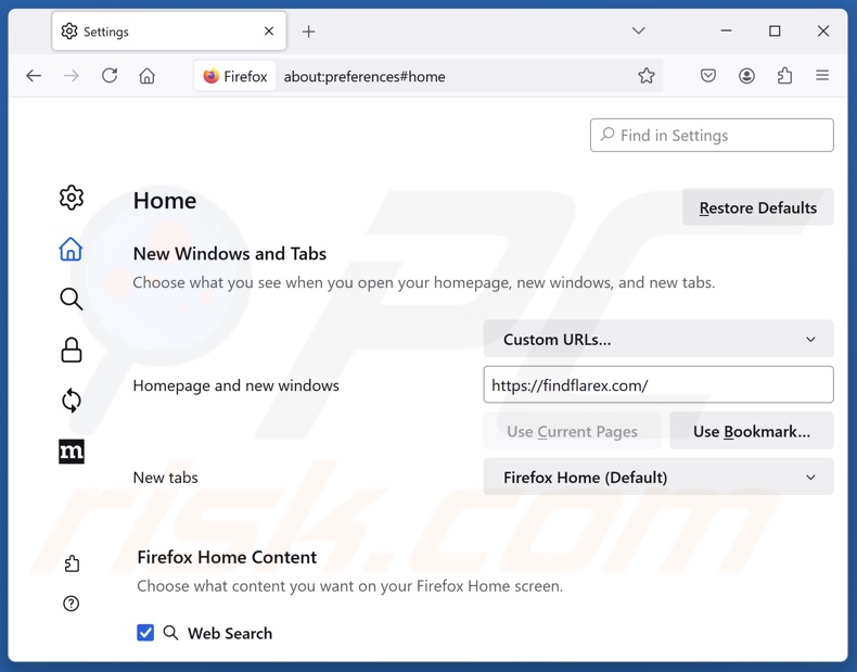 Findflarex.com uit de startpagina van Mozilla Firefox verwijderen