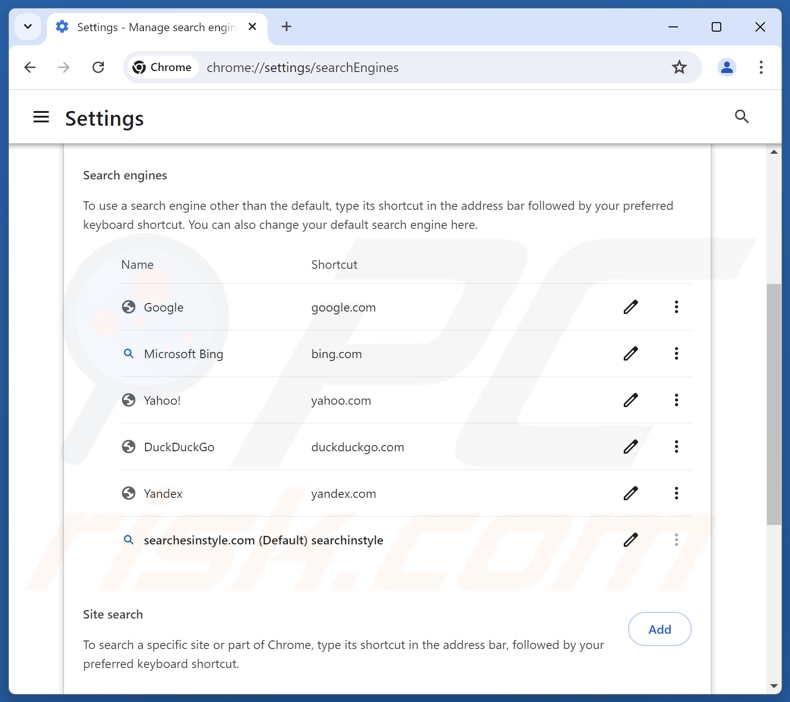 Searchsinstyle.com verwijderen uit de standaardzoekmachine van Google Chrome