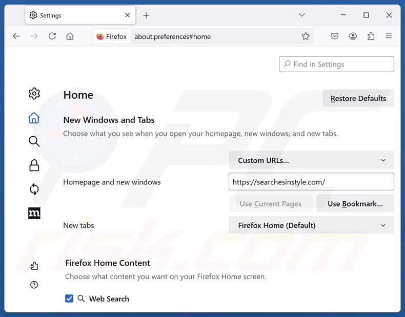 Verwijderen van searchesinstyle.com uit Mozilla Firefox startpagina