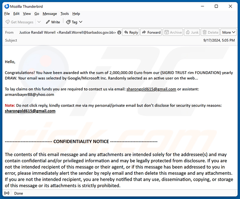 Sigrid Trust Rim Foundation email oplichterij (2024-09-18)