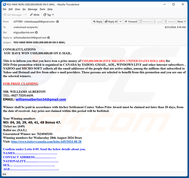 Yahoo Canada Lottery e-mailoplichting (2024-09-03)