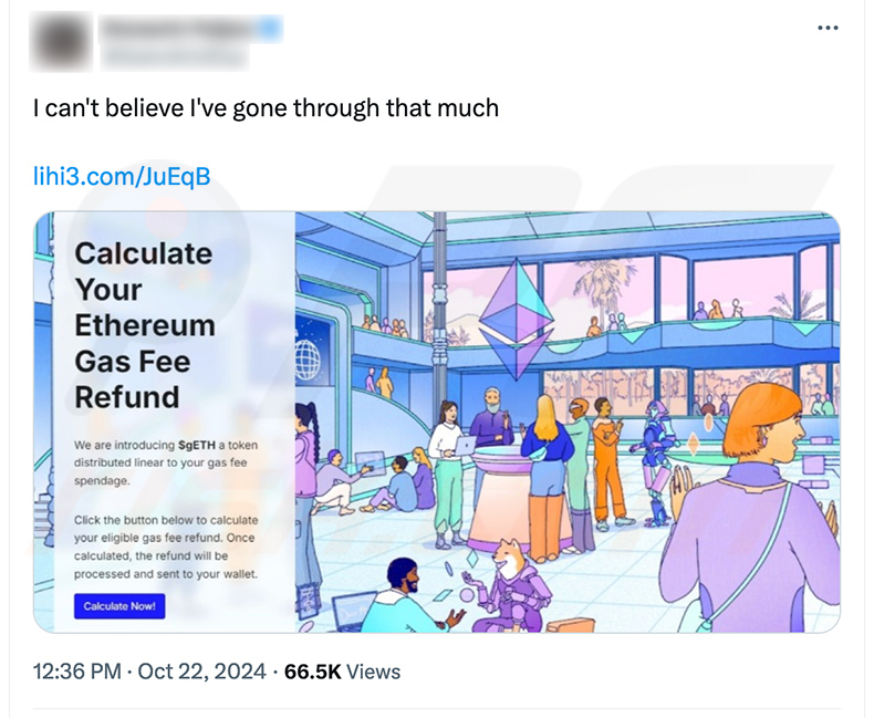 X (Twitter) bericht promotie Ethereum Gas Fee Refunds drainer website (ethereum-org.dex-dd[.]com)