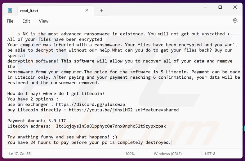 NK ransomware losgeldbrief (read_it.txt)