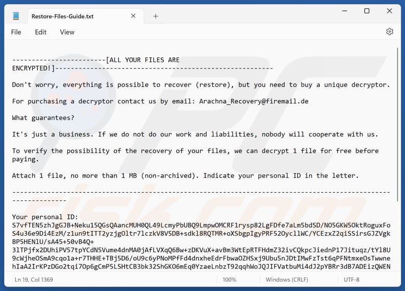 Arachna ransomware tekstbestand (Restore-Files-Guide.txt)