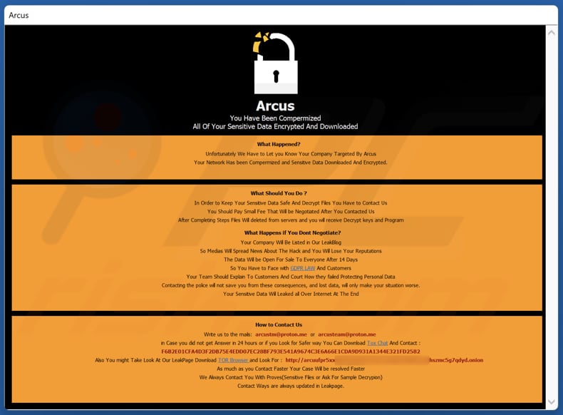 Arcus ransomware pop-upbericht met losgeldbrief
