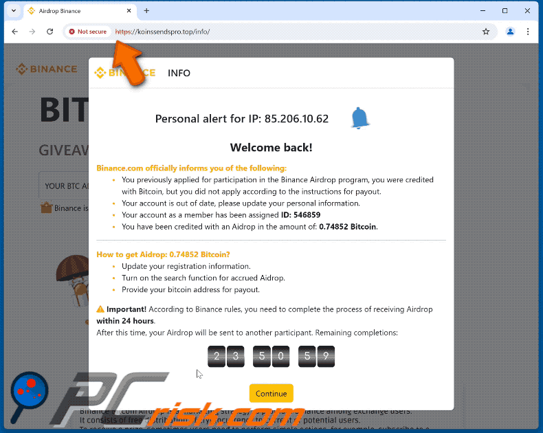 Verschijning van Bitcoin Airdrop From Binance oplichterij