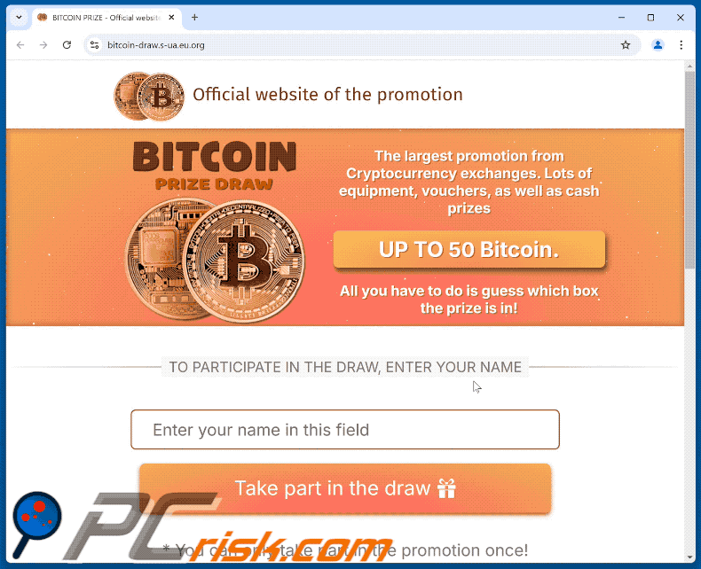 Verschijning van Bitcoin Prize Draw oplichterij (GIF)
