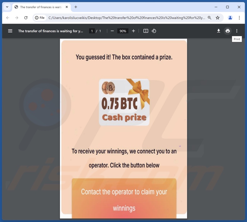 Bestand bij een e-mail waarin de Bitcoin Prize Draw wordt gepromoot