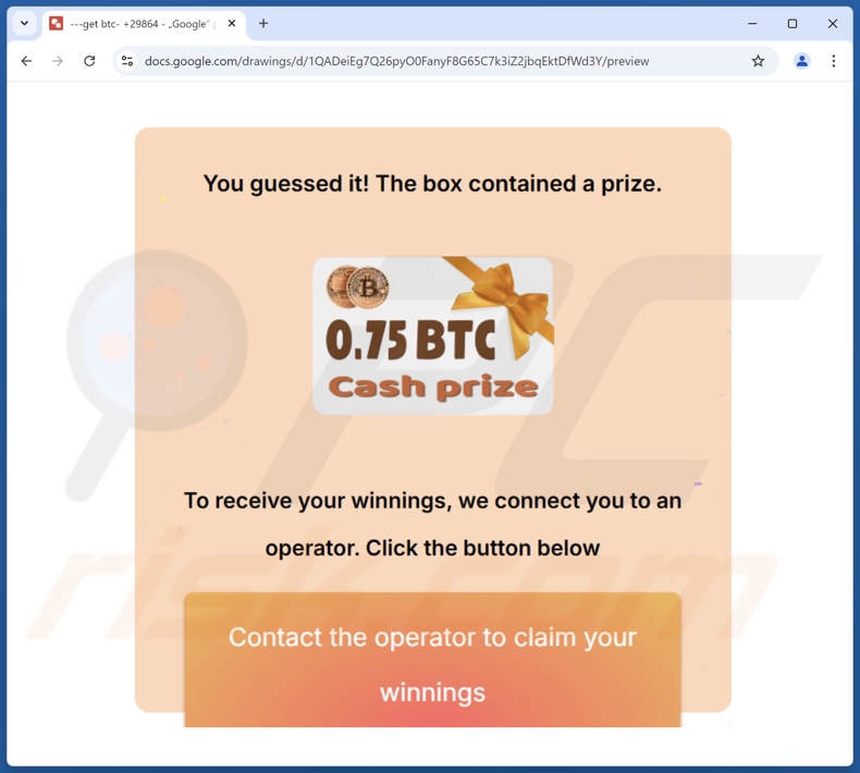 Bitcoin Prize Draw bedrieglijke pagina die wordt gepromoot door een spam e-mailbijlage