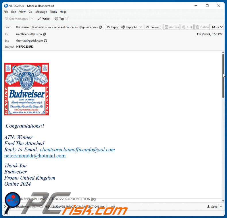 Budweiser Lottery verschijning van e-mailoplichting