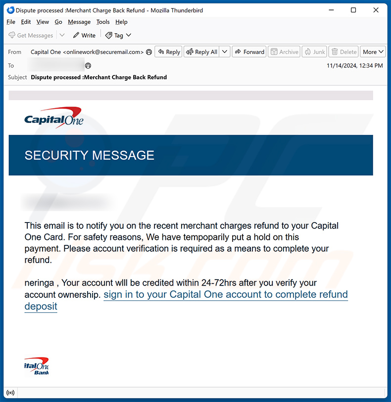 Capital One SECURITY MESSAGE email oplichterij (2024-11-19)