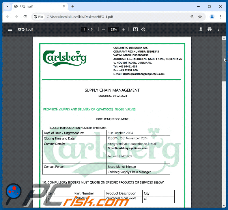 Carlsberg Supply Quotation bijlage bij zwendelmail