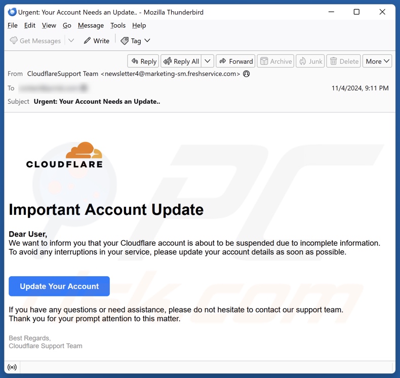 Cloudflare - Important Account Update spam e-mailcampagne