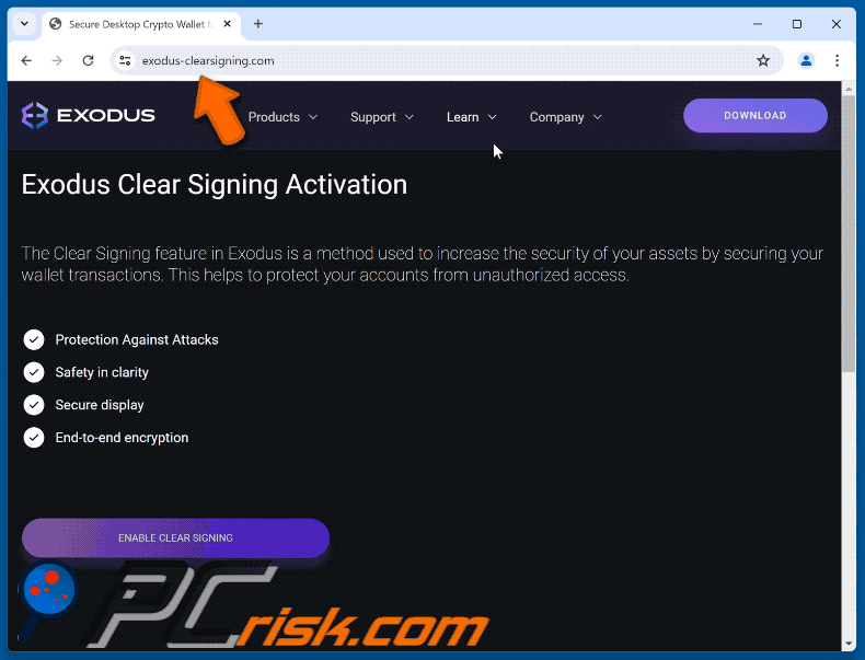 Verschijning van Exodus Clear Signing Activation oplichterij (GIF)