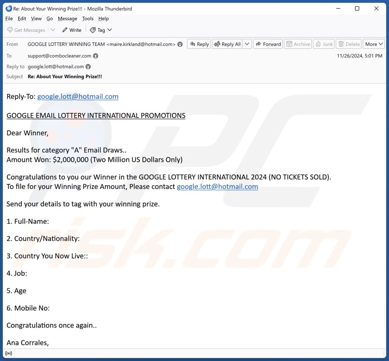 Google Email Lottery International Promotions spam e-mailcampagne
