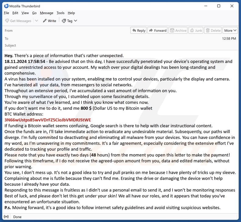 I Have Penetrated Your Device's Operating System spam e-mailcampagne