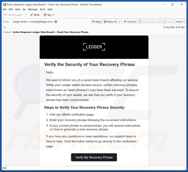 Ledger Recovery Phrase Verification spam e-mailcampagne