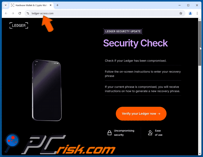 Ledger Recovery Phrase Verification bedrieglijke e-mail gepromote phishingsite (GIF)