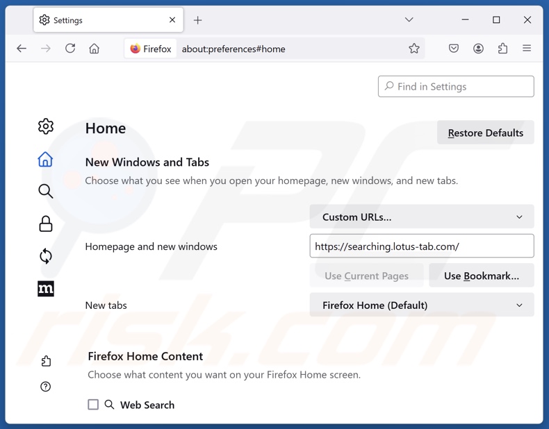Lotus-tab.com van de startpagina van Mozilla Firefox verwijderen