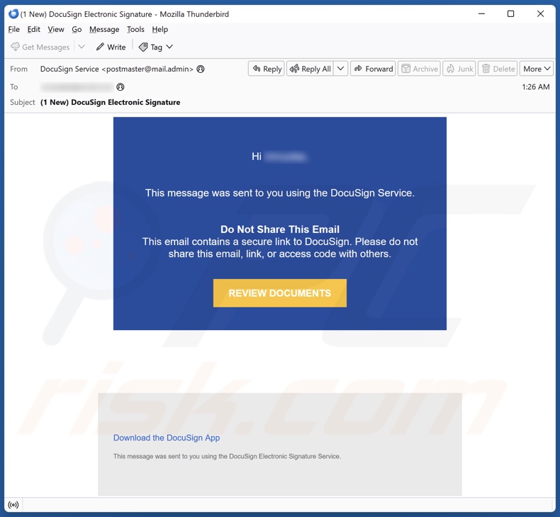 Message Sent Using DocuSign Service spam e-mailcampagne