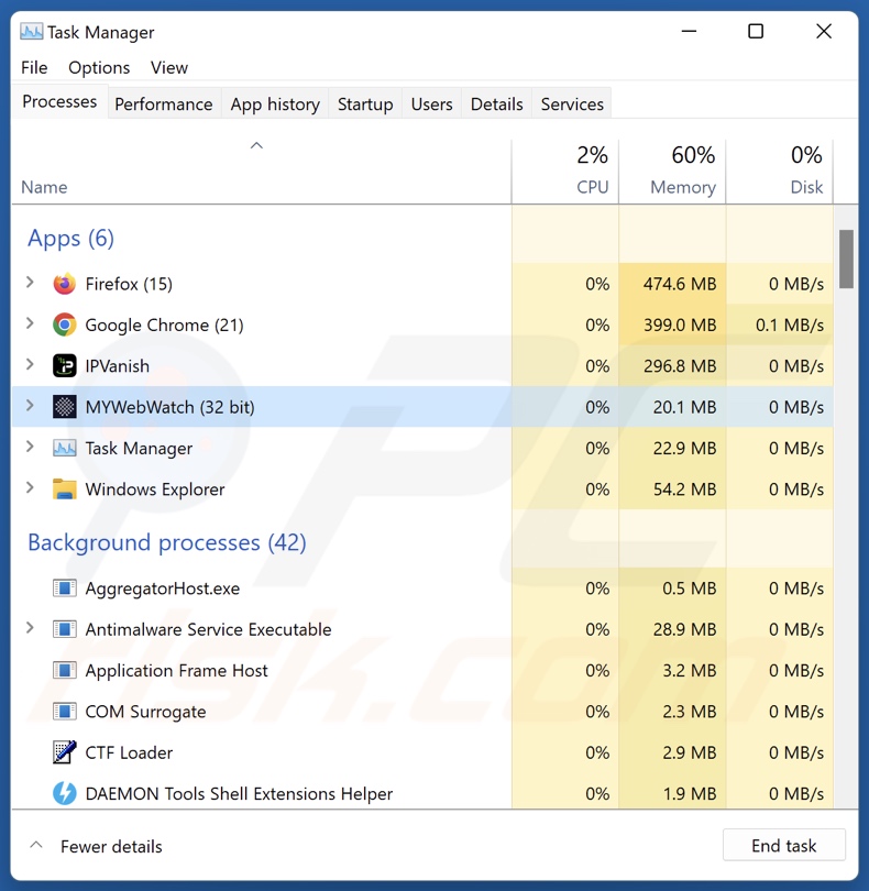 MYWeb Watch browser hijacker proces (MYWeb Watch - procesnaam)