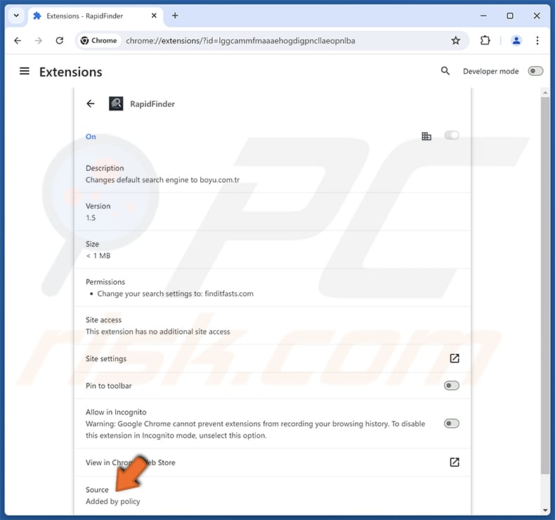 RapidFinder browser hijacker Beschrijving uitbreiding