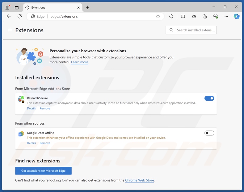 ResearchSecure PUA geïnstalleerde browserextensie (Edge)