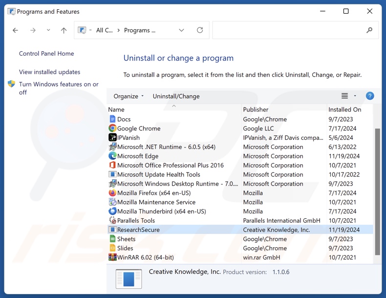 ResearchSecure verwijderen via Control Panel