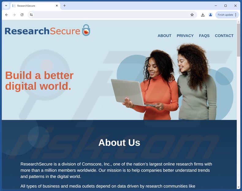 Website gebruikt om ResearchSecure te promoten PUA