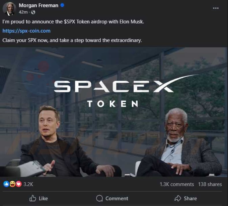 $SpaceX Coin Airdrop gestolen Morgan Freeman profiel dat de zwendel promoot