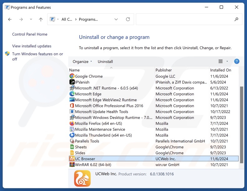 UC Browser verwijderen via Control Panel
