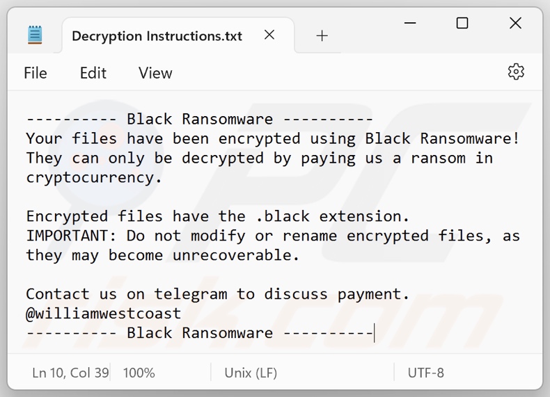 Black (Prince) ransomware losgeldbrief (Decryption Instructions.txt)
