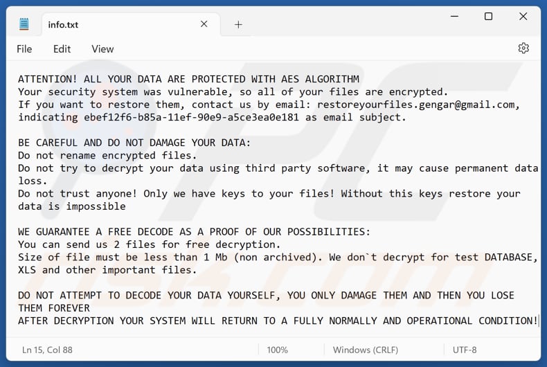 Gengar ransomware tekstbestand (info.txt)