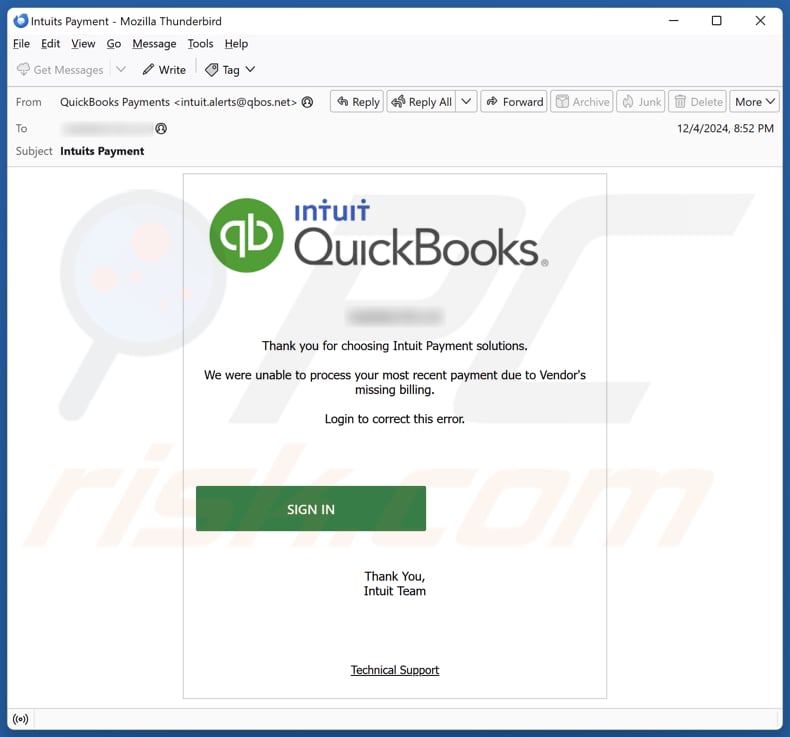 Intuit QuickBooks - Unable To Process Payment spam e-mailcampagne