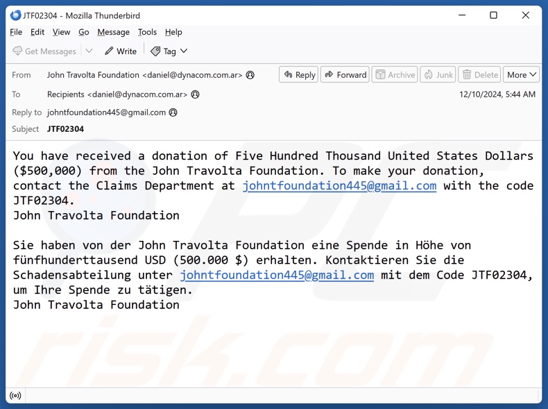 John Travolta Foundation email spam campagne