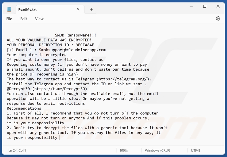 SMOK ransomware tekstbestand (ReadMe.txt)
