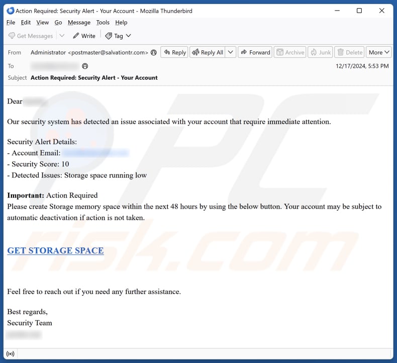 Storage Space Running Low spam e-mailcampagne
