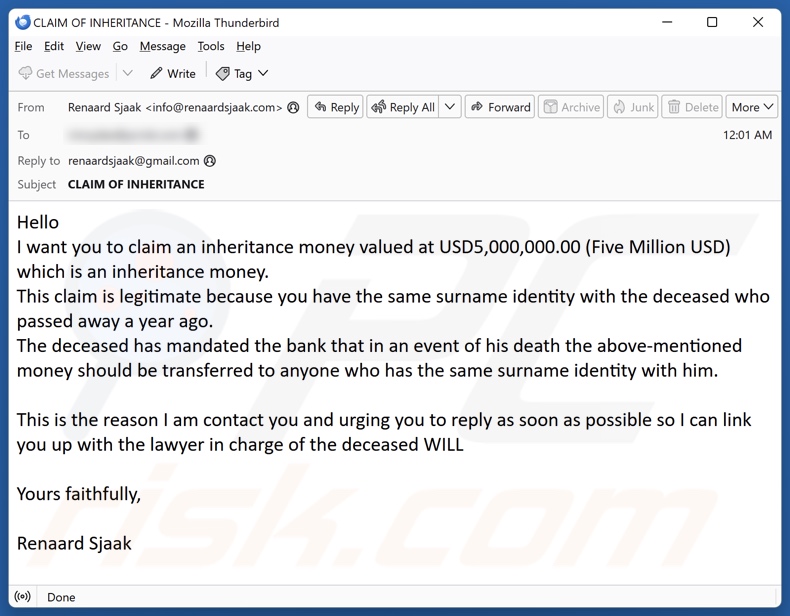 Claim Inheritance Money spam e-mailcampagne