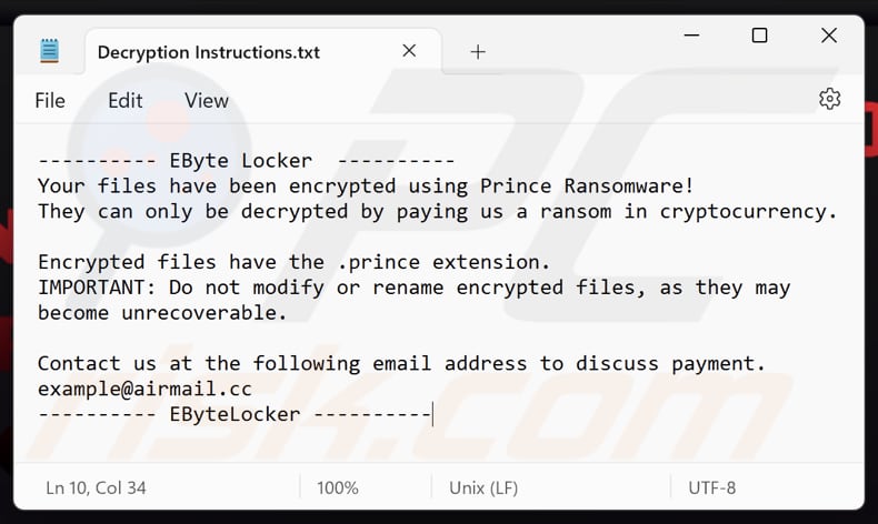 EByte Locker ransomware tekstbestand (Decryption Instructions.txt)