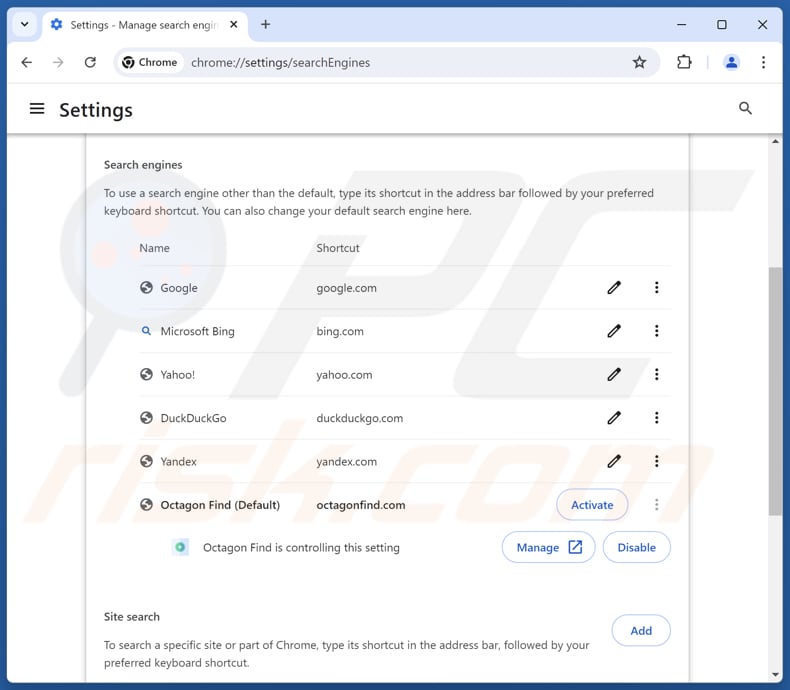 Octagonfind.com uit de standaardzoekmachine van Google Chrome verwijderen
