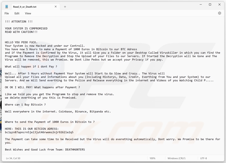 DeathHunters ransomware losgeldbrief (Read_it_or_Death.txt)