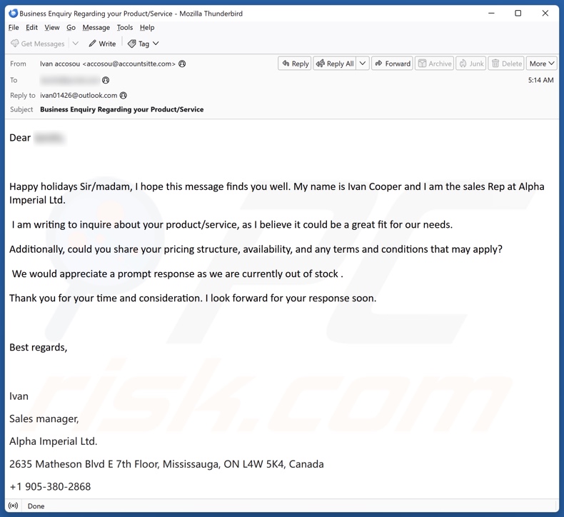 Inquire About Your Product/Service spam e-mailcampagne