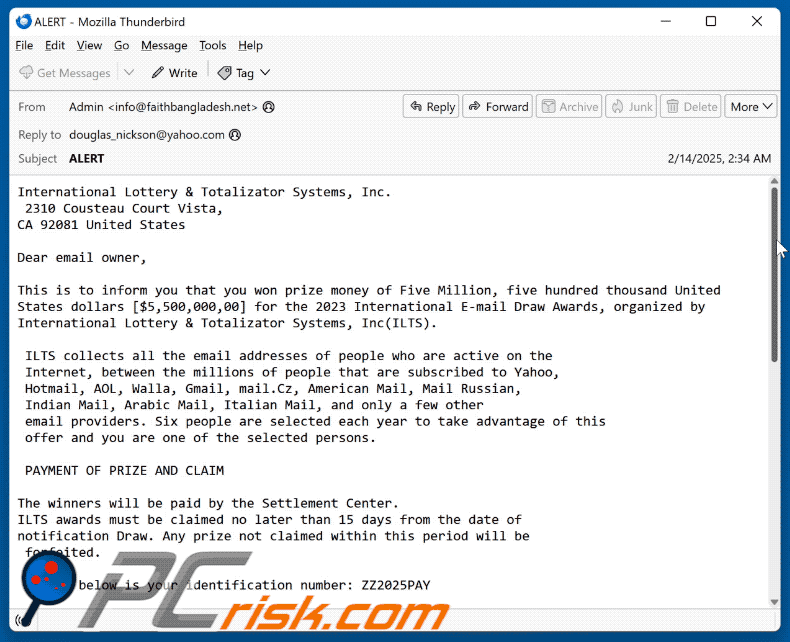 International Lottery & Totalizator Systems Oplichterij e-mail verschijning (GIF)